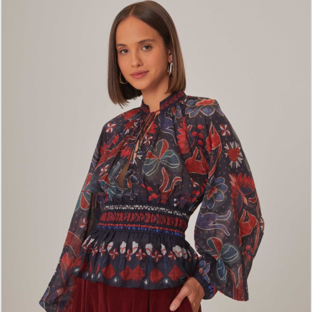 FARM RIO - Dark Blue Tropical Shine V Neck Blouse MEDIUM - NEW W TAGS
